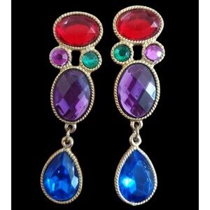 Vintage Gold Tone Mughal Style Multi Acrylic Danglr 2 1/2''  Pierced Earrings